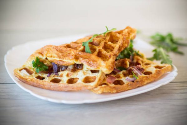 Egg Waffles with Romesco & Goat Cheese